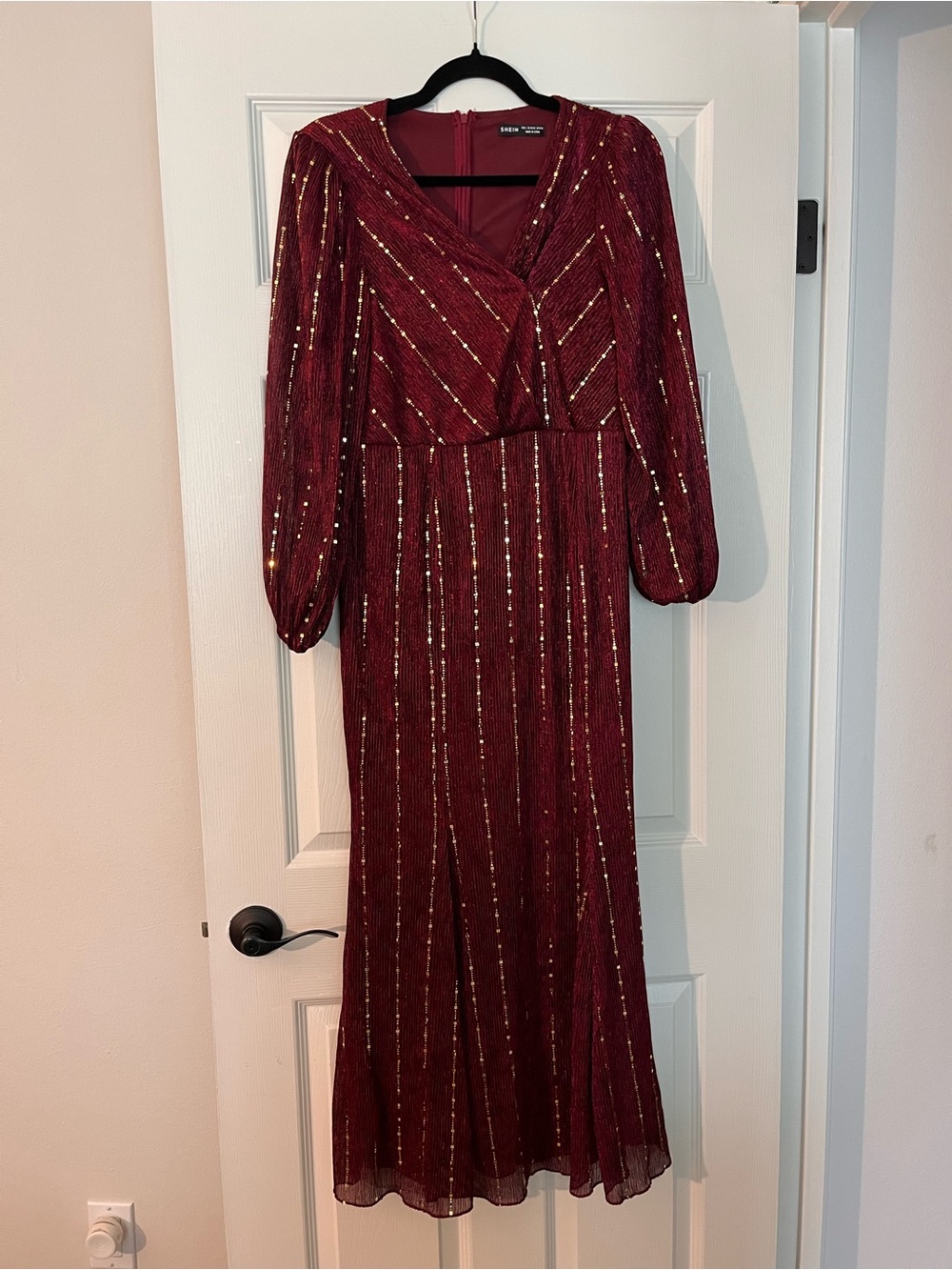 SHEIN Burgundy Metallic-Striped Long Sleeve Gown